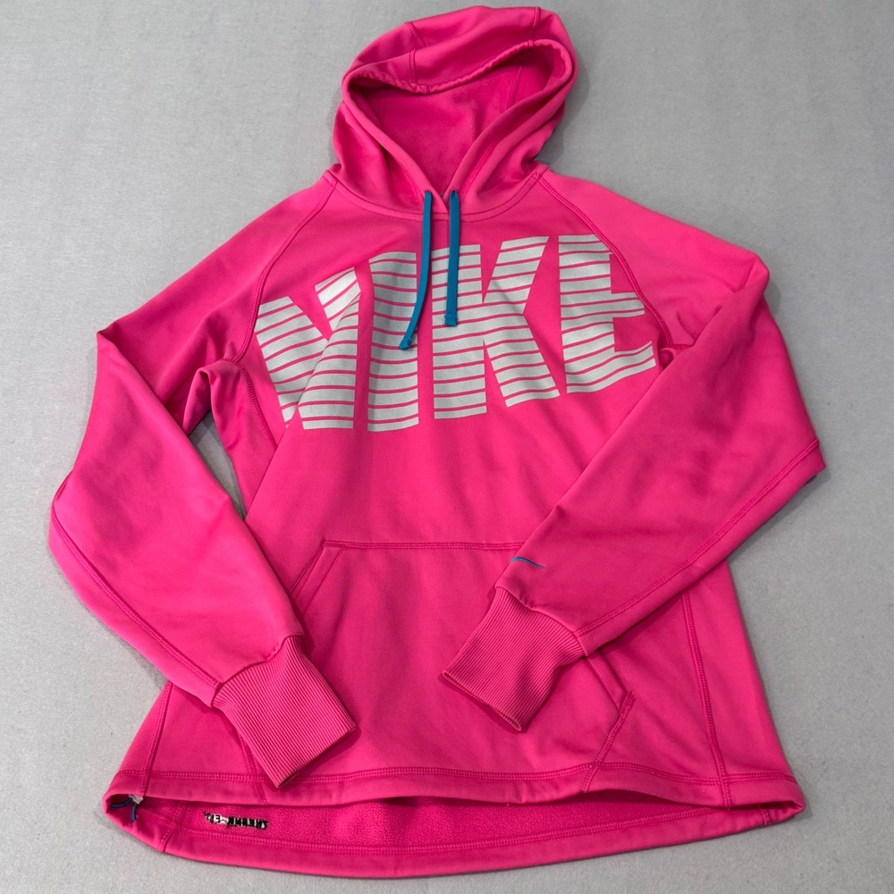 Nike Hoodie Womens Medium Pink Therma-FIT Graphic‎ Logo Thumbhole Sweatshirt